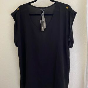 black short sleeve top with gold button detail